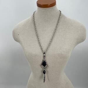 Silver tone black acrylic beaded necklace